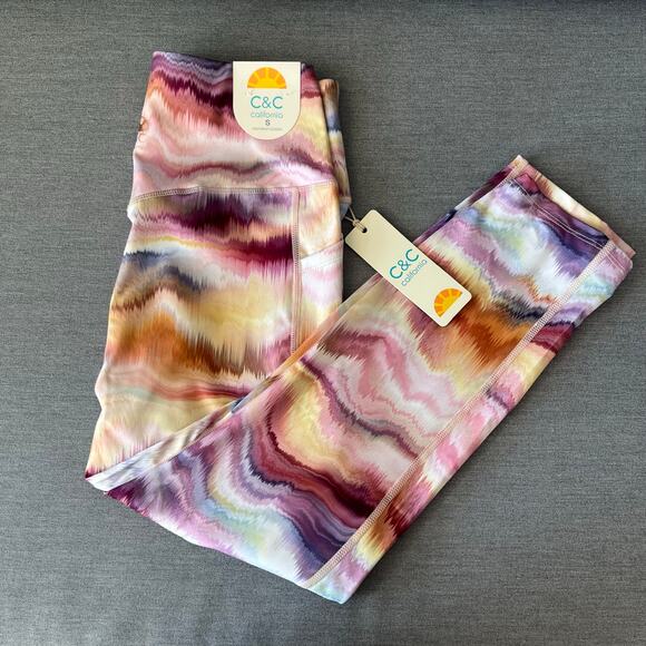 C&C California Wave Sunset Multi High Waist Pocket Crop Workout Leggings SM NWT - Picture 9 of 13